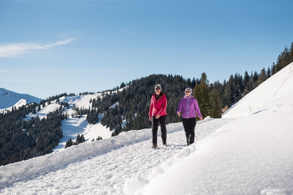 Winterwanderer auf dem Höhenweg zum Berghaus 