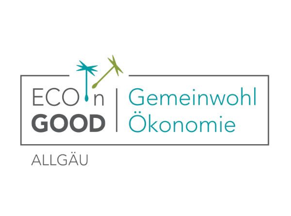 Blaues Logo mit grünem Schriftzug "Eco in Good" und "Gemeinwohlökonomie". Darunter steht "Allgäu". Das Logo zeigt zwei stilisierte Bäume.