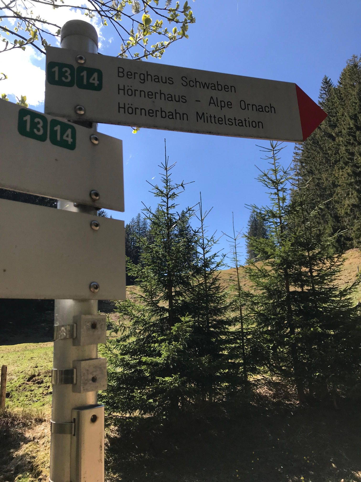 Wegweiser Richtung Berghaus Schwaben, Hörnerhaus, Alpe Ornach, Hörnerbahn Mittelstation